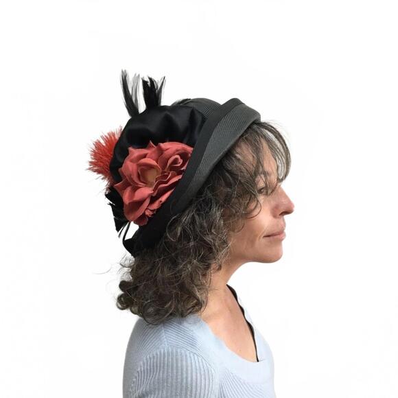1950s Sam Ludwig Black Fascinator Hat Coral Flower Feather...